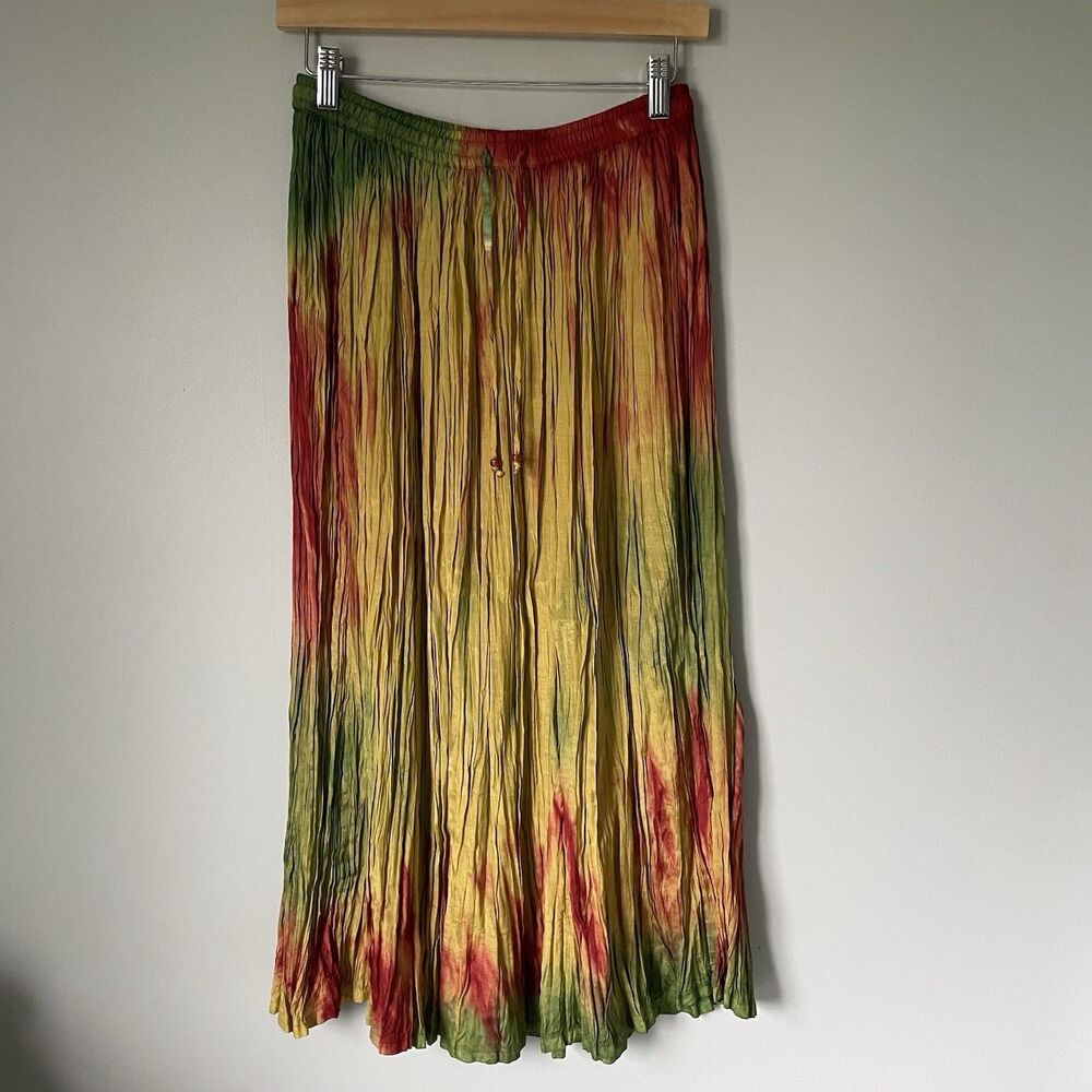 J.F.W. Vintage Midi Skirt Boho Tye-Dye Print Flowy Yellow Green Red Size Small
